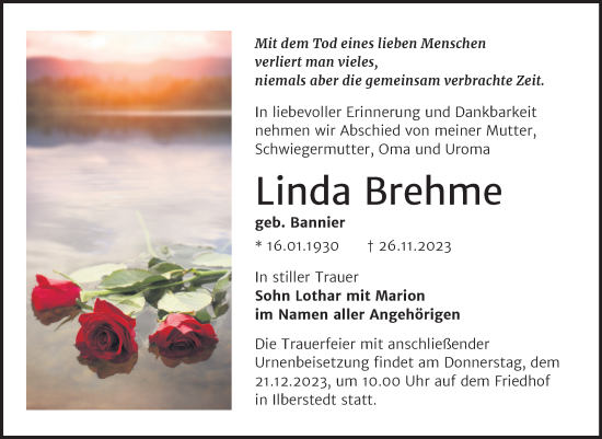 Traueranzeige von Linda Brehme von Trauerkombi Bernburg