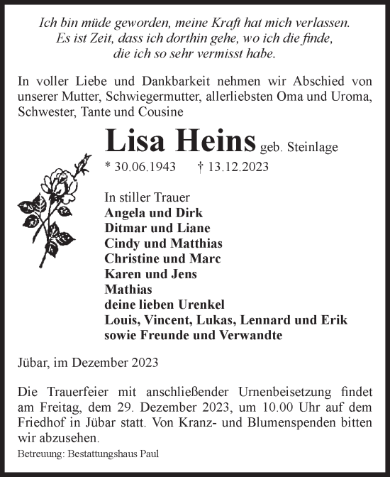 Traueranzeige von Lisa Heins von Volksstimme Altmark West