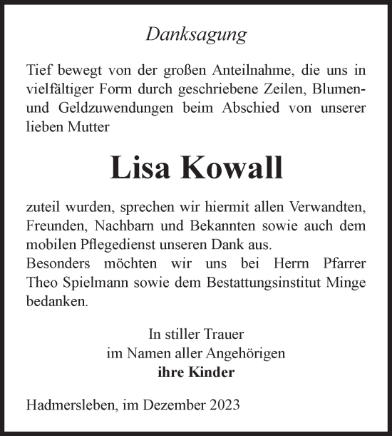 Traueranzeige von Lisa Kowall von Volksstimme Oschersleben/Wanzleben