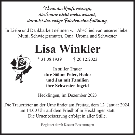 Traueranzeige von Lisa Winkler von Volksstimme Staßfurt