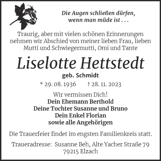 Traueranzeige von Liselotte Hettstedt von Mitteldeutsche Zeitung Dessau-Roßlau