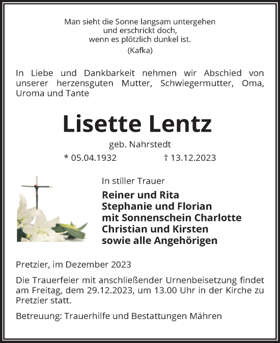 Traueranzeige von Lisette Lentz von Volksstimme Altmark West