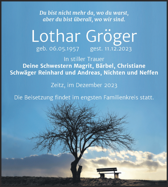 Traueranzeige von Lothar Gröger von Trauerkombi Zeitz