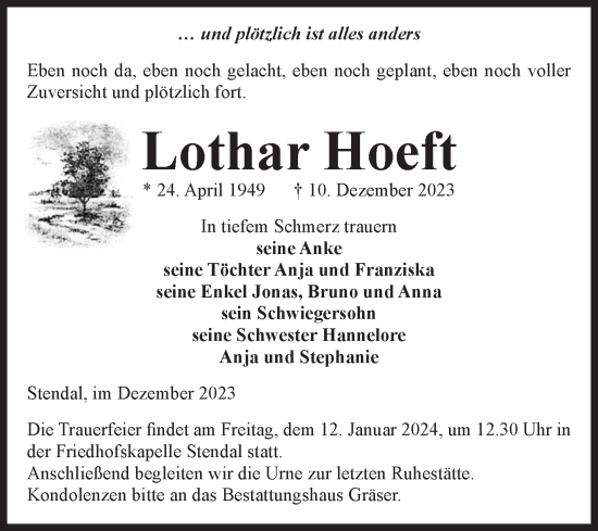 Traueranzeige von Lothar Hoeft von Volksstimme Altmark Ost