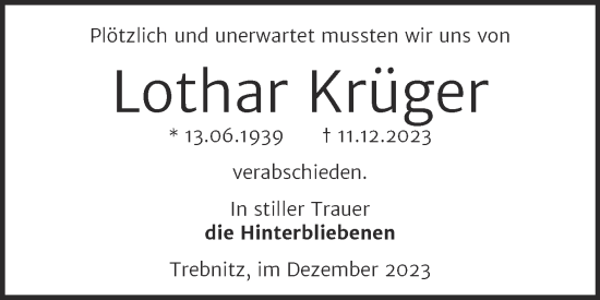 Traueranzeige von Lothar Krüger von Trauerkombi Bernburg