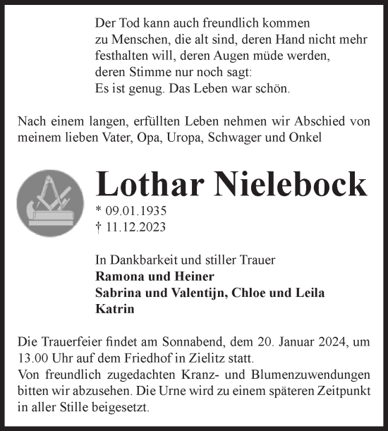 Traueranzeige von Lothar Nielebock von Volksstimme Haldensleben/Wolmirstedt