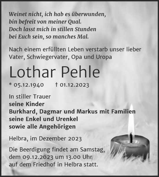 Traueranzeige von Lothar Pehle von Mitteldeutsche Zeitung Mansfelder Land