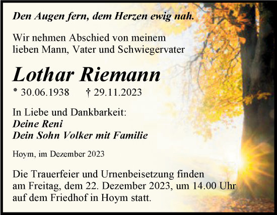 Traueranzeige von Lothar Riemann von Trauerkombi Aschersleben
