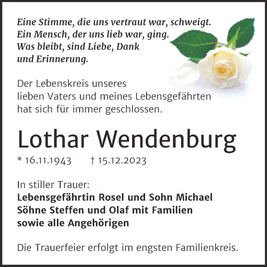 Traueranzeige von Lothar Wendenburg von Trauerkombi Aschersleben