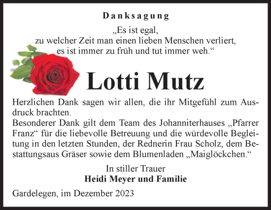 Traueranzeige von Lotti Mutz von Volksstimme Altmark West