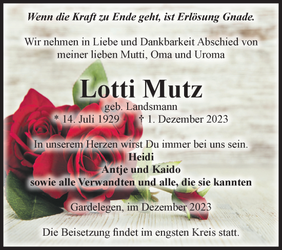 Traueranzeige von Lotti Mutz von Volksstimme Altmark West