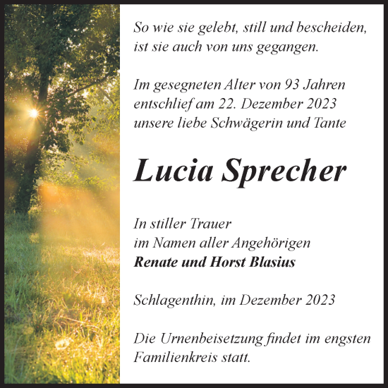 Traueranzeige von Lucia Sprecher von Volksstimme Burg/Genthin