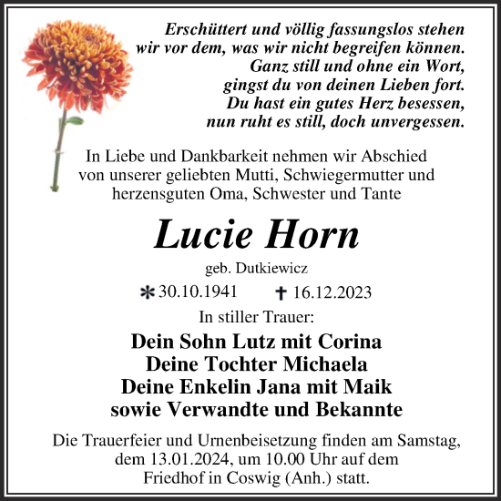 Traueranzeige von Lucie Horn von Trauerkombi Wittenberg