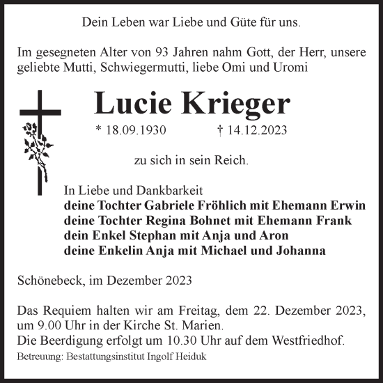 Traueranzeige von Lucie Krieger von Volksstimme Schönebeck
