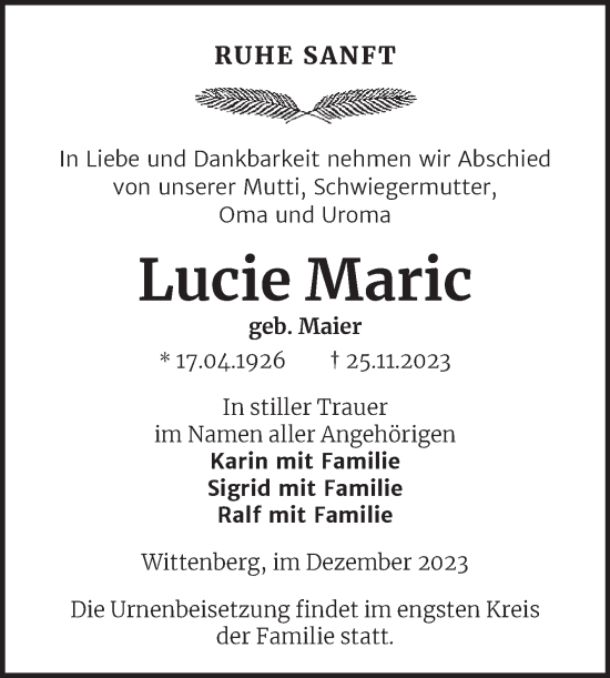 Traueranzeige von Lucie Maric von Trauerkombi Wittenberg