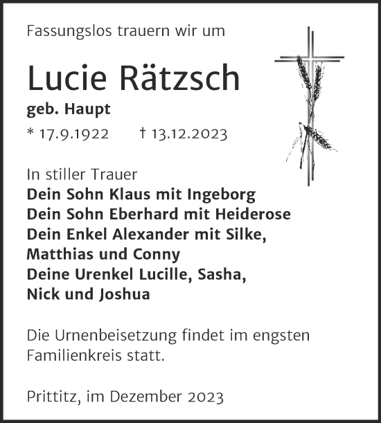 Traueranzeige von Lucie Rätzsch von Trauerkombi Weißenfels