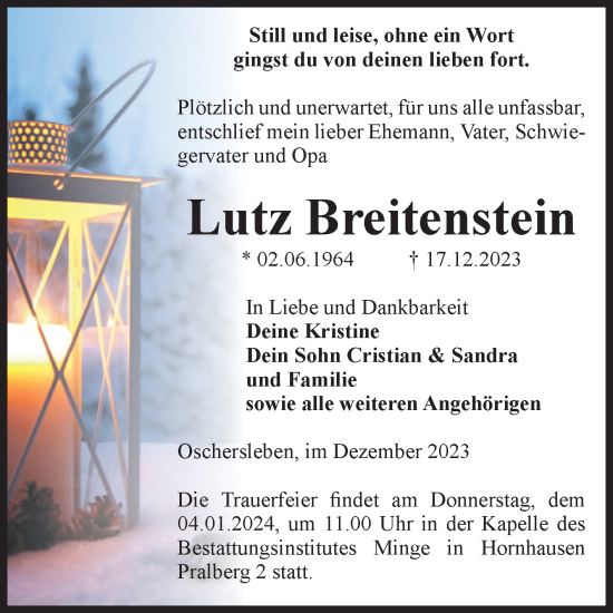 Traueranzeige von Lutz Breitenstein von Volksstimme Oschersleben/Wanzleben