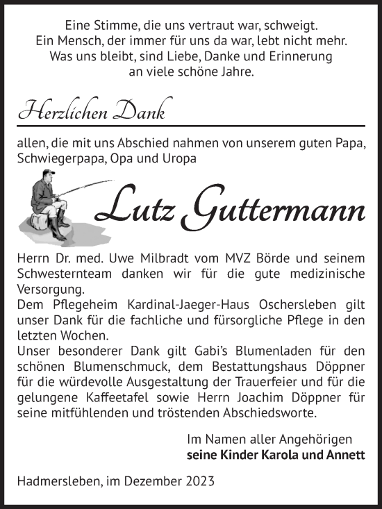 Traueranzeige von Lutz Guttermann von Volksstimme Oschersleben/Wanzleben