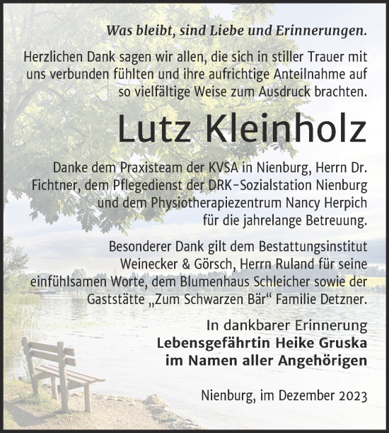 Traueranzeige von Lutz Kleinholz von Trauerkombi Bernburg