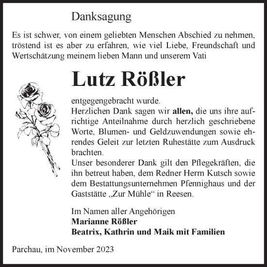 Traueranzeige von Lutz Rößler von Volksstimme Burg/Genthin