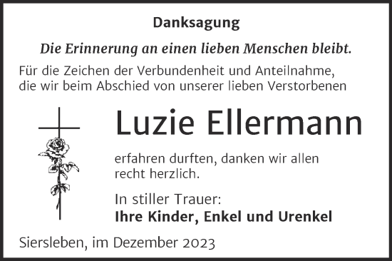 Traueranzeige von Luzie Ellermann von Trauerkombi Mansfelder Land
