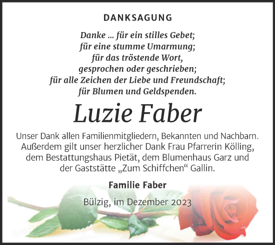 Traueranzeige von Luzie Faber von Trauerkombi Wittenberg