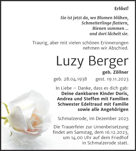 Traueranzeige von Luzy Berger von Trauerkombi Mansfelder Land