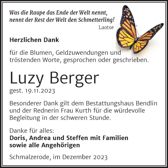 Traueranzeige von Luzy Berger von Trauerkombi Mansfelder Land