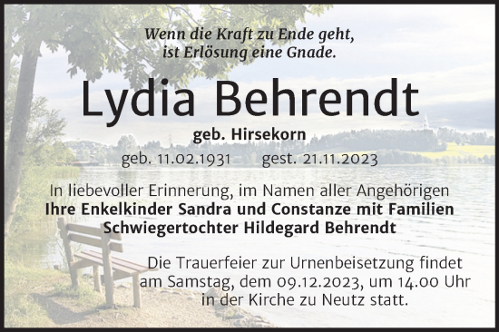 Traueranzeige von Lydia Behrendt von Mitteldeutsche Zeitung Halle/Saalkreis