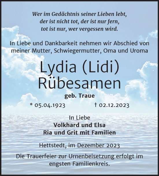 Traueranzeige von Lydia Rübesamen von Trauerkombi Mansfelder Land