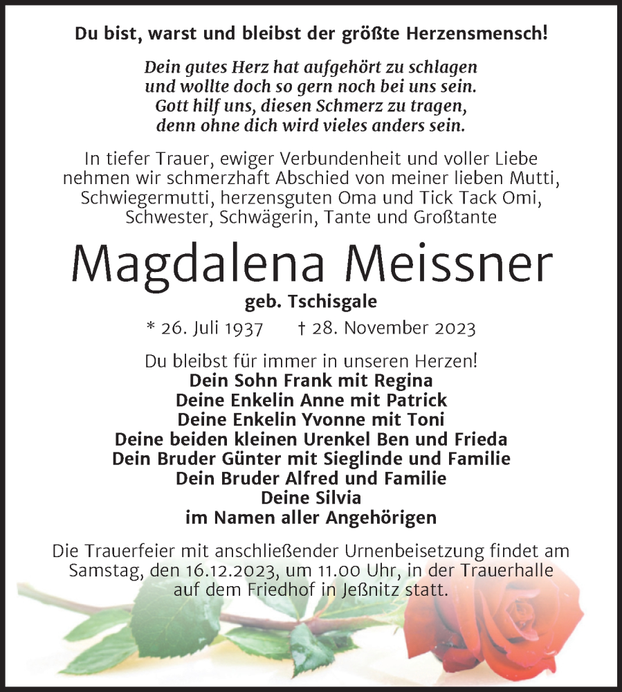  Traueranzeige für Magdalena Meissner vom 02.12.2023 aus Trauerkombi Bitterfeld
