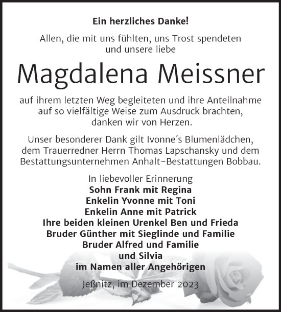 Traueranzeige von Magdalena Meissner von Trauerkombi Bitterfeld