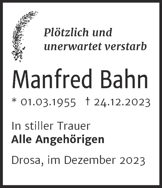 Traueranzeige von Manfred Bahn von Trauerkombi Köthen