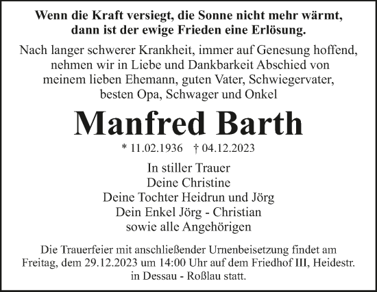 Traueranzeige von Manfred Barth von Trauerkombi Dessau