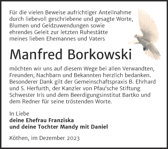 Traueranzeige von Manfred Borkowski von Trauerkombi Köthen