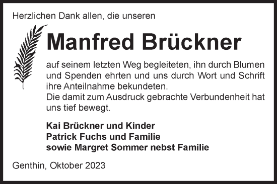 Traueranzeige von Manfred Brückner von Volksstimme Burg/Genthin