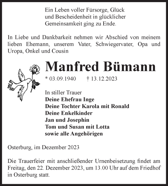Traueranzeige von Manfred Bümann von Volksstimme Altmark Ost