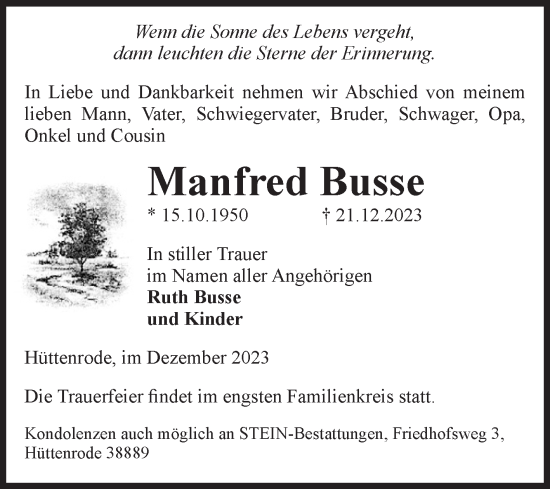Traueranzeige von Manfred Busse von Volksstimme Wernigerode