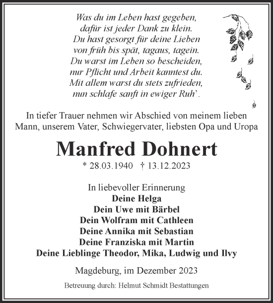 Traueranzeige von Manfred Dohnert von Volksstimme Magdeburg