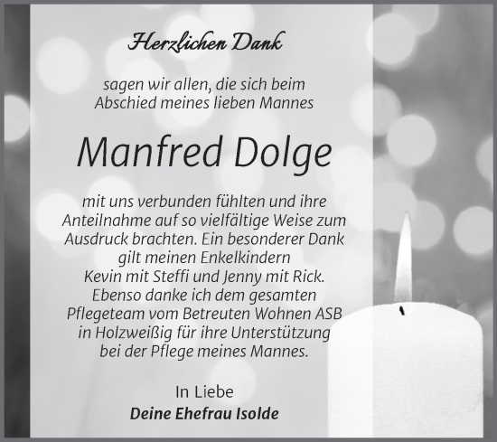 Traueranzeige von Manfred Dolge von Trauerkombi Bitterfeld