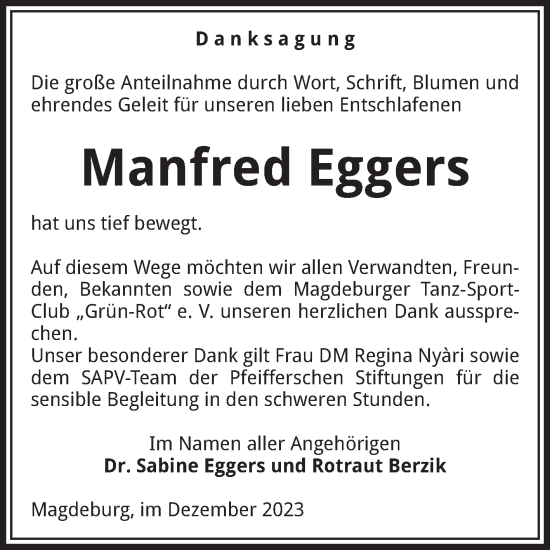 Traueranzeige von Manfred Eggers von Volksstimme Magdeburg