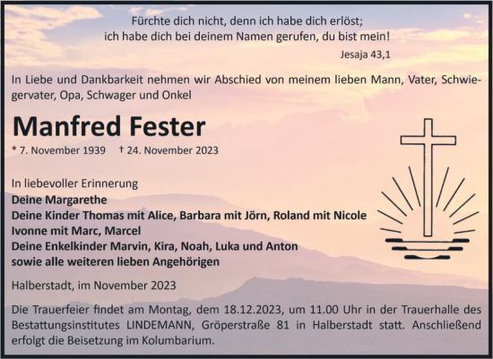 Traueranzeige von Manfred Fester von Volksstimme Halberstadt