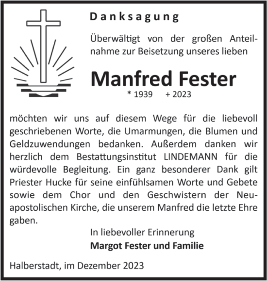 Traueranzeige von Manfred Fester von Volksstimme Halberstadt