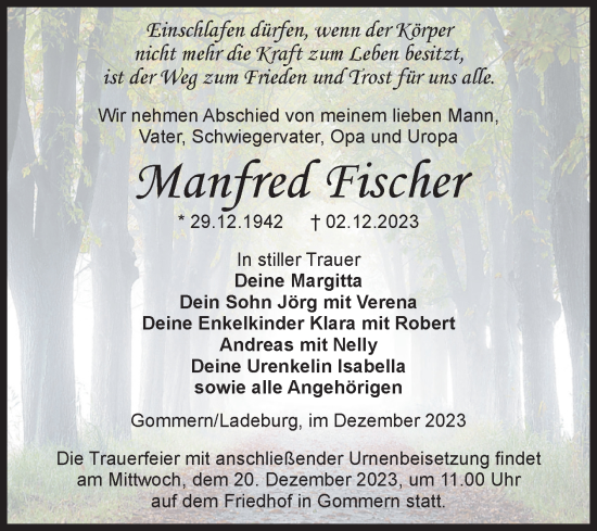 Traueranzeige von Manfred Fischer von Volksstimme Zerbst