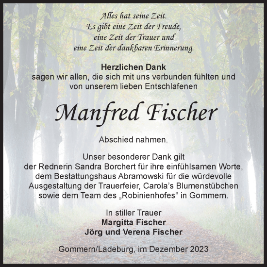 Traueranzeige von Manfred Fischer von Volksstimme Zerbst