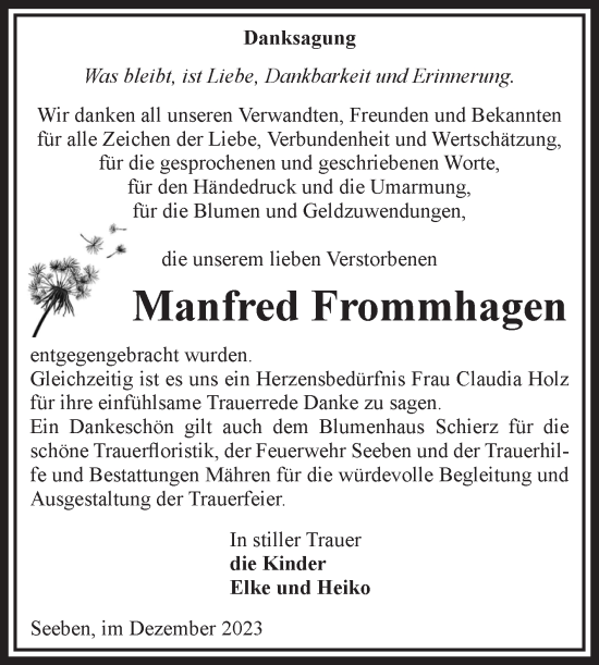 Traueranzeige von Manfred Frommhagen von Volksstimme Altmark West