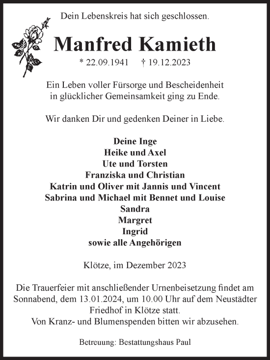 Traueranzeige von Manfred Kamieth von Volksstimme Altmark West
