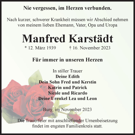Traueranzeige von Manfred Karstädt von Volksstimme Burg/Genthin