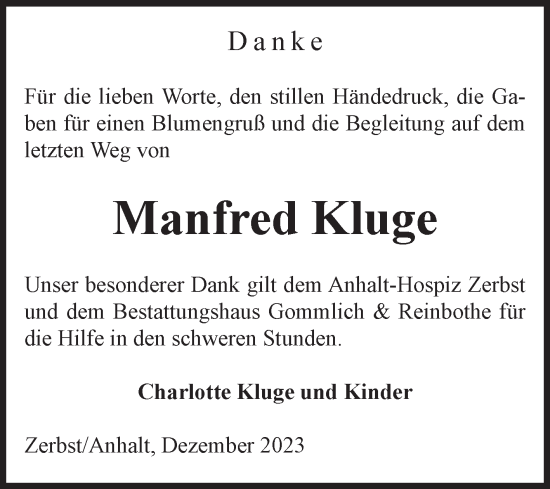 Traueranzeige von Manfred Kluge von Volksstimme Zerbst
