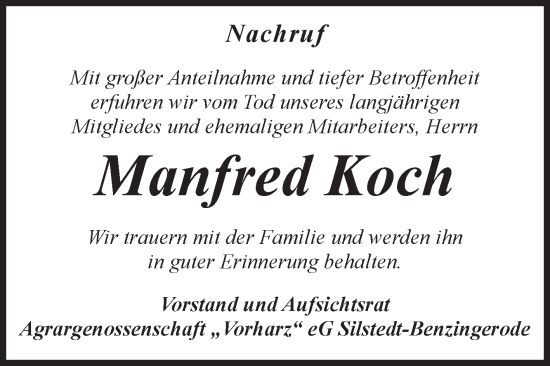 Traueranzeige von Manfred Koch von Volksstimme Wernigerode